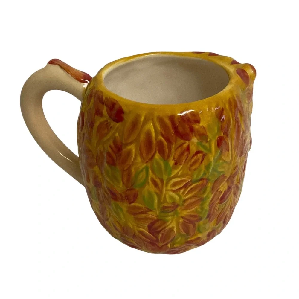 Pier 1 Hedgehog Coffee Mug 16 oz Yellow Orange Fall Leaves Hand-Painted